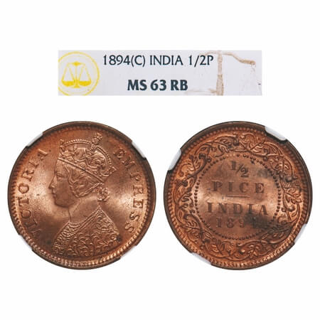 Victoria Empress, Copper, 1/2 Pice, 1894, Calcutta Mint, A/I, No mint mark. F. Prid 727. G