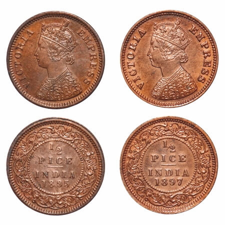 Victoria Empress, Copper, 1/2 Pice, (2 coins), 1895, 1897, Calcutta Mint, A/I, No mint mar
