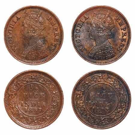 Victoria Empress, Copper, 1/2 Pice, (2 coins), 1897, 1898, Calcutta Mint, A/I, No mint mar