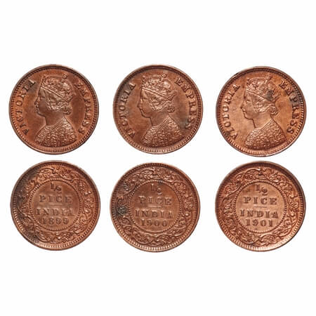 Victoria Empress, Copper, 1/2 Pice, (3 coins), 1899, 1900, 1901, Calcutta Mint, A/I, No mi