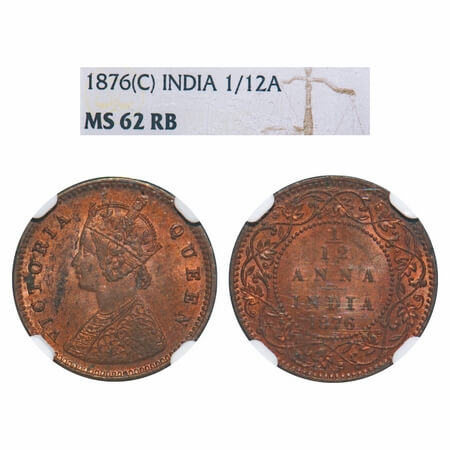 Victoria Queen, Copper, 1/12 Anna, 1876, Calcutta Mint, No mint mark, Obv A. F. Prid 785. 