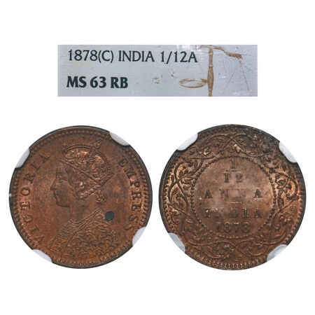 Victoria Empress, Copper, 1/12 Anna, 1878, Calcutta Mint, No mint mark, Obv 'B'. F. Prid 7