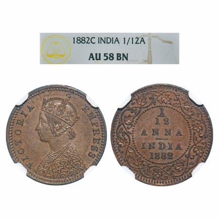 Victoria Empress, Copper, 1/12 Anna, 1882, Calcutta Mint, 'C' incused, Obv B. F. Prid 788.