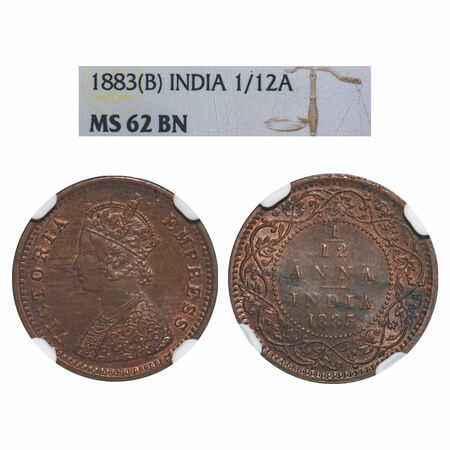 Victoria Empress, Copper, 1/12 Anna, 1883, Bombay Mint, No mint mark, Obv A. F. Prid 811. 