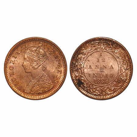 Victoria Empress, 1/12 Anna, 1886, Bombay Mint, No mint mark, Obv A. F. Prid 813. GK 901. 