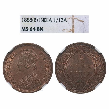 Victoria Empress, Copper, 1/12 Anna, 1888, Bombay Mint, No mint mark, Obv A. F. Prid 815. 