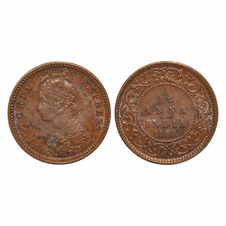 Victoria Empress, Copper, 1/12 Anna, 1888, Calcutta Mint, Obv B, No mint mark, Ghost on Re