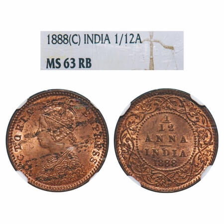 Victoria Empress, Copper, 1/12 Anna, 1888, Calcutta Mint, Obv B, No mint mark. F. Prid 793