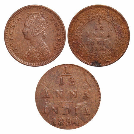 Victoria Empress, Copper, 1/12 Anna, 1894, Calcutta Mint, No mint mark, Obv B, Complete gh