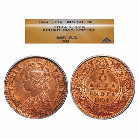 Victoria Empress, Copper, 1/12 Anna, 1894, Calcutta Mint, Obv B, No mint mark. F. Prid 799