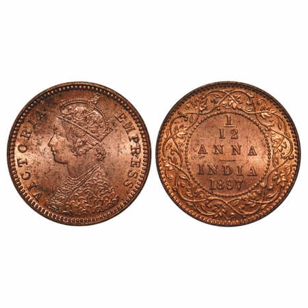 Victoria Empress, Copper, 1/12 Anna, 1897, Calcutta Mint, No mint mark, Obv 'B'. F. Prid 8