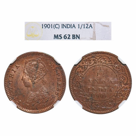 Victoria Empress, Copper, 1/12 Anna, 1901, Calcutta Mint, No mint mark, Obv B. F. Prid 805