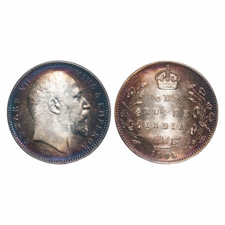 Edward VI, Silver, Rupee, 1905, Bombay Mint, 'B' incused & dot, Top stroke of numeral 5 lo