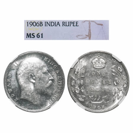 Edward VII, Silver, Rupee, 1906, Bombay Mint, 'B' incused & dot. F. Prid 202. GK 940. NGC 