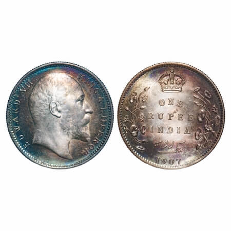 Edward VI, Silver, Rupee, 1907, Calcutta Mint, No mint mark, Ghost on Rev. F. Prid 193. GK