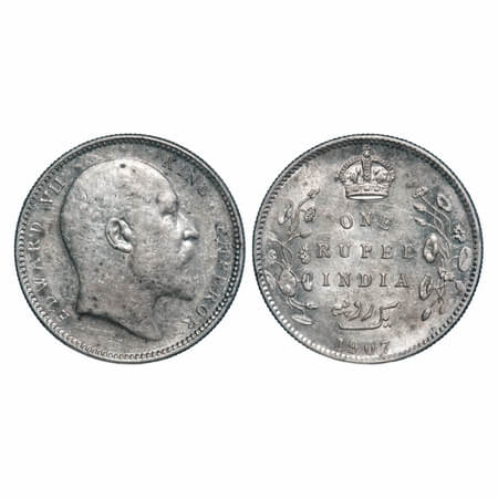Edward VII, Silver, Rupee, 1907, Calcutta Mint, No mint mark. F. Prid 193. GK 942. Almost 