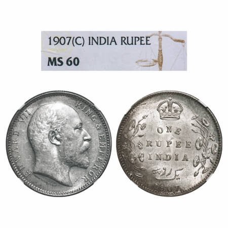 Edward VII, Silver, Rupee, 1907, Calcutta Mint, No mint mark. F. Prid 193. GK 942. NGC Sla