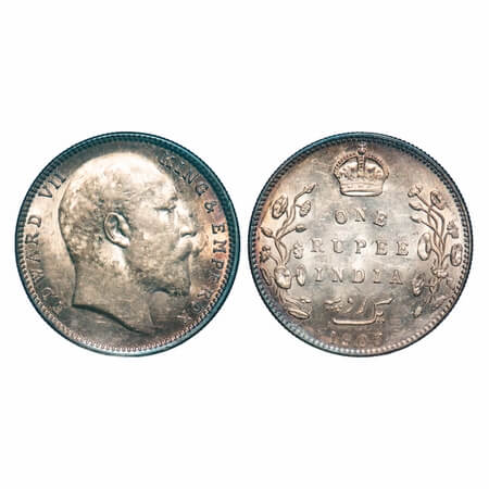 Edward VI, Silver, Rupee, 1907, Bombay Mint, 'B' incused & dot, Broad numeral 7. F. Prid 2