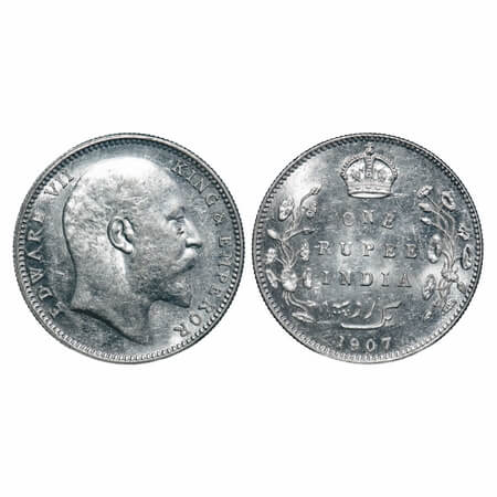 Edward VII, Silver, Rupee, 1907, Bombay Mint, 'B' incused & dot, Narrow numeral 7. F. Prid
