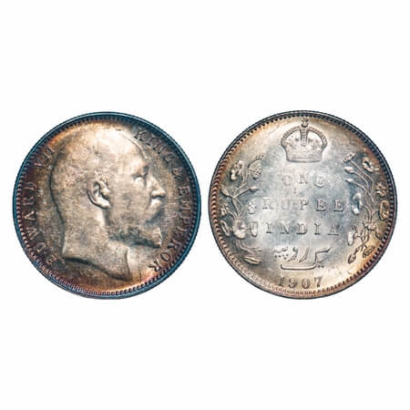 Edward VI, Silver, Rupee, 1907, Bombay Mint, No 'B' only dot. F. Prid Unlisted. GK 945. Al