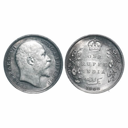 Edward VI, Silver, Rupee, 1908, Calcutta Mint, No mint mark, Error, Struck through Error o