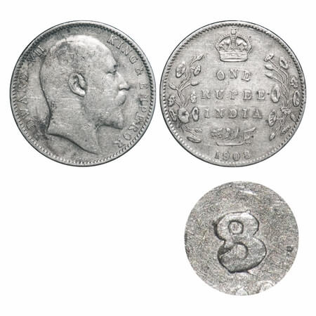 Edward VII, Silver, Rupee, 1908, Bombay Mint, 'B' incused & dot, numeral 8 struck on numer