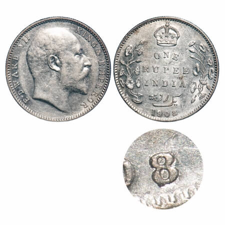 Edward VI, Silver, Rupee, 1908, Bombay Mint, 'B' incused & dot, Numeral 8 struck on numera