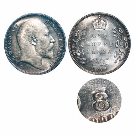 Edward VI, Silver, Rupee, 1908, Bombay Mint, 'B' incused & dot, Numeral 8 struck on numera