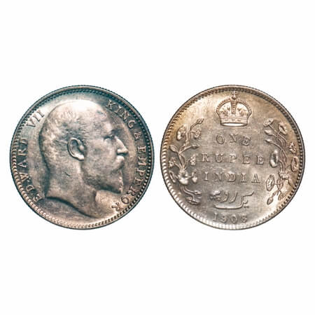 Edward VI, Silver, Rupee, 1908, Bombay Mint, 'B' incused & dot. F. Prid 204. GK 948. Almos