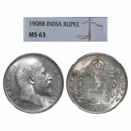 Edward VII, Silver, Rupee, 1908, Bombay Mint, 'B' incused & dot. F. Prid 204. GK 948. NGC 