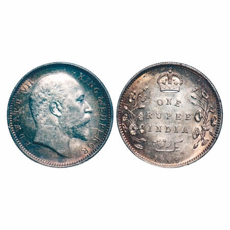 Edward VI, Silver, Rupee, 1909, Calcutta Mint, No mint mark. F. Prid 195. GK 950. Uncircul