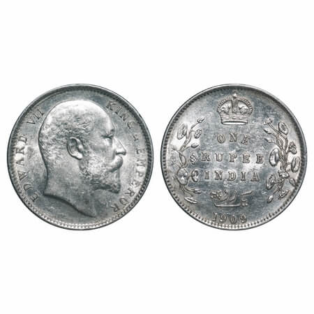 Edward VII, Silver, Rupee, 1909, Calcutta Mint, No mint mark, Ghost on Rev. F. Prid 195. G