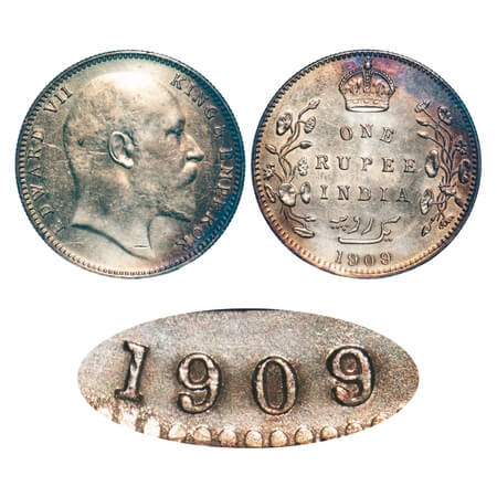 Edward VI, Silver, Rupee, 1909, Bombay Mint, 'B' incused & dot, Numeral 9 struck on numera