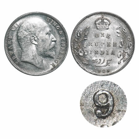 Edward VII, Silver, Rupee, 1909, Bombay Mint, 'B' incused & dot, Numeral 9 struck on numer