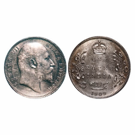 Edward VI, Silver, Rupee, 1909, Bombay Mint, 'B' incused & dot. F. Prid 205. GK 952. Almos