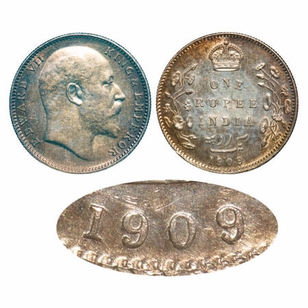 Edward VI, Silver, Rupee, 1909, Bombay Mint, No B only dot, Crudish numerals of year date 