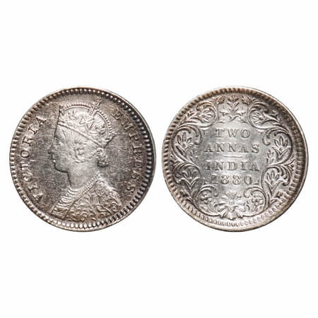 Victoria Empress, Silver, 2 Annas, 1880, Calcutta Mint, B/II, 'C' incused, With incused ef