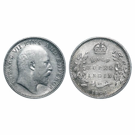 Edward VII, Silver, Half Rupee, 1906, Calcutta Mint, No mint mark. F. Prid 310. GK 964. Ex
