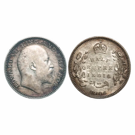 Edward VI, Silver, Half Rupee, 1906, Calcutta Mint, No mint mark. F. Prid 310. GK 964. Abo
