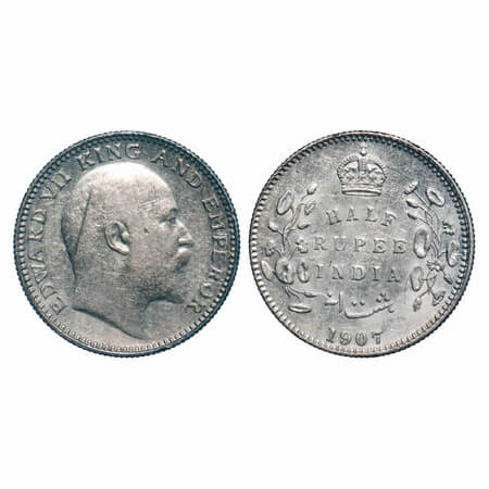 Edward VII, Silver, Half Rupee, 1907, Calcutta Mint, No mint mark, Ghost on Rev, A nick on