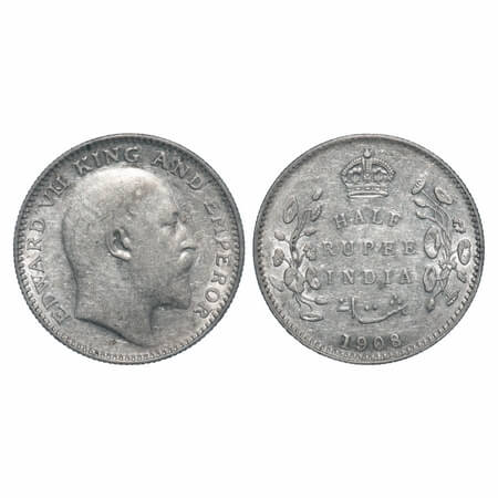 Edward VII, Silver, Half Rupee, 1908, Calcutta Mint, No mint mark. F. Prid 312. GK 968. Ex