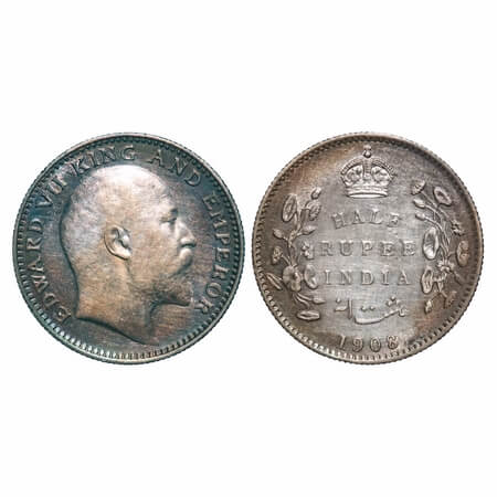Edward VII, Silver, Half Rupee, 1908, Calcutta Mint, No mint mark. F. Prid 312. GK 968. Ex