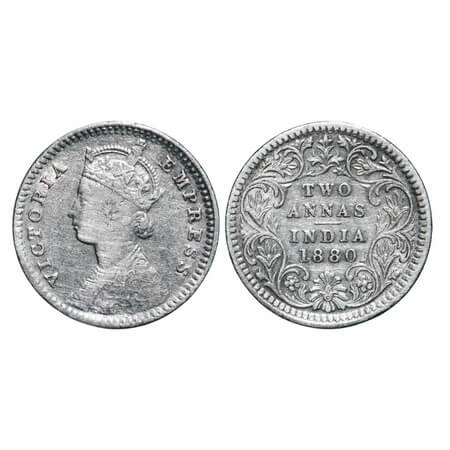 Victoria Empress, Silver, 2 Annas, 1880, Calcutta Mint, B/II, 'C' incused. F. Prid 495. GK