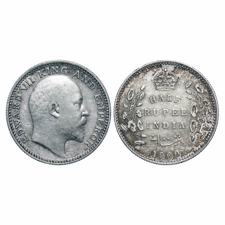Edward VII, Silver, Half Rupee, 1909, Calcutta Mint, No mint mark. F. Prid 313. GK 969. Ve