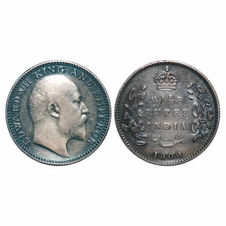 Edward VII, Silver, Half Rupee, 1909, Calcutta Mint, No mint mark. F. Prid 313. GK 969 Ext