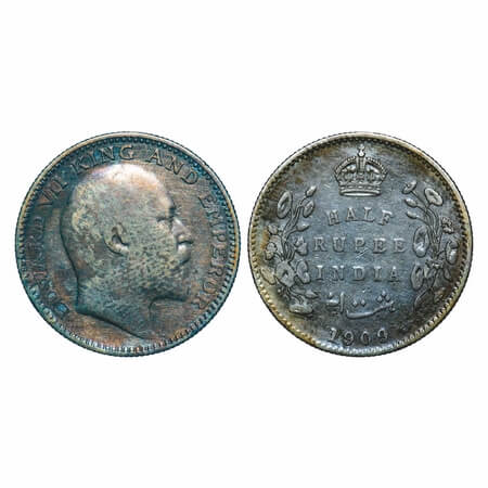 Edward VII, Silver, Half Rupee, 1909, Calcutta Mint, No mint mark. F. Prid 313. GK 969 Ver