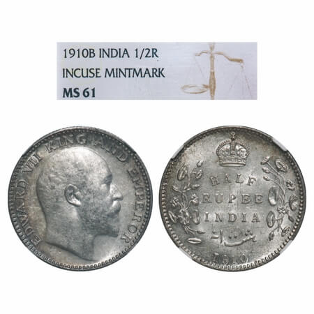 Edward VII, Silver, Half Rupee, 1910, Bombay Mint, 'B' incused & dot. F. Prid 317. GK 970.