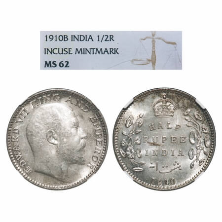 Edward VII, Silver, Half Rupee, 1910, Bombay Mint, 'B' incused & dot. F. Prid 317. GK 970.