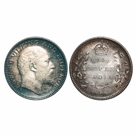 Edward VI, Silver, Half Rupee, 1910, Bombay Mint, 'B' incused & dot. F. Prid 317. GK 970. 