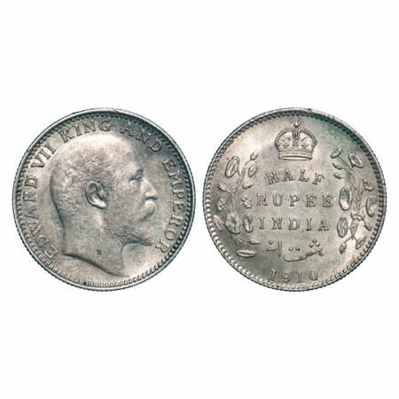 Edward VII, Silver, Half Rupee, 1910, Calcutta Mint, No mint mark. F. Prid 314. GK 971. Al